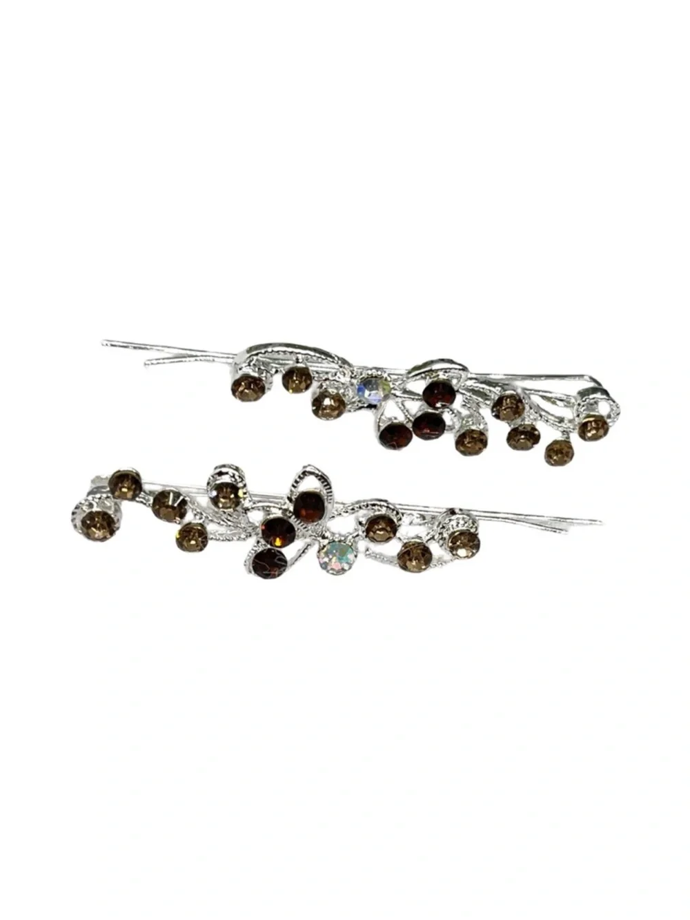 Silver Floral Brown Crystal Hair Pins - Women Accessories FINAL PRICE DROP